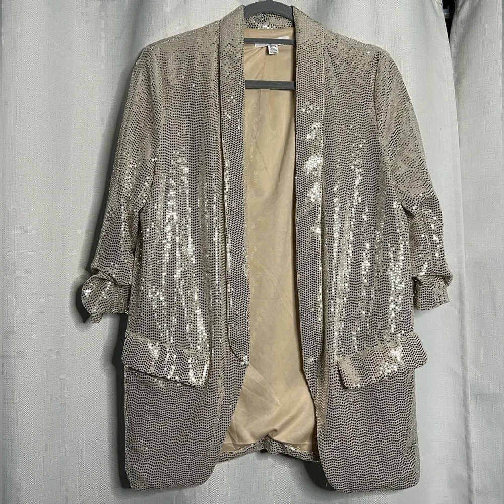 C by One Silver Sequined 3/4 Sleeve Long Line Blazer XS - Picture 10 of 10